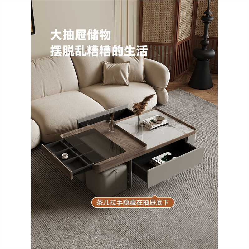 多機能収納可能な長方形のコーヒーテーブルリビングルームホーム2024新しいイタリアンスタイルのライト高級ロックプレートコーヒーテーブルの組み合わせ|undefined