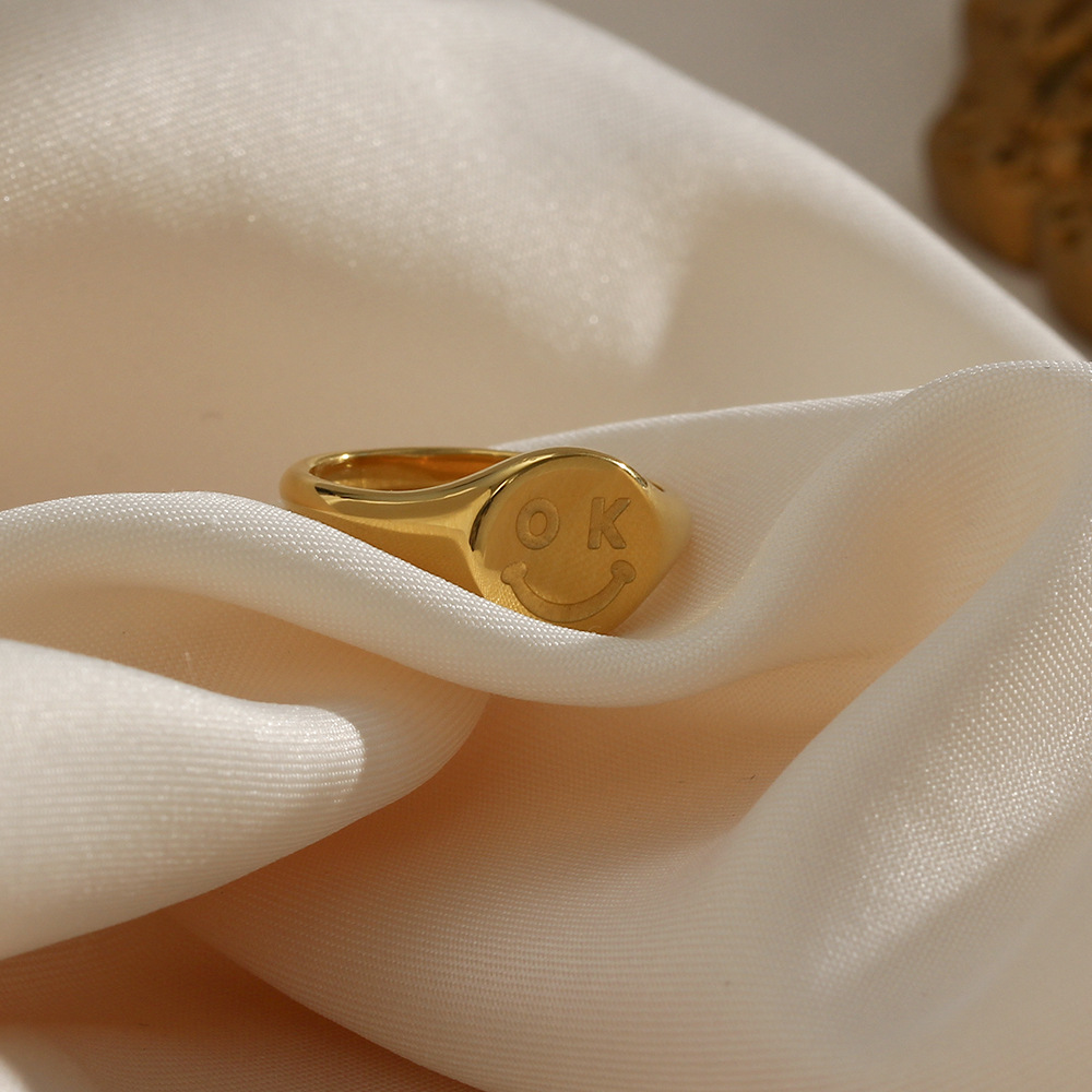 Fashion OK Smiley Facial Expression Gold round Cute Stainless Steel Ring
