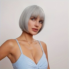 跨境外貿貨源假髮女歐美時尚bobo短髮齊劉海奶奶灰修臉全頭套