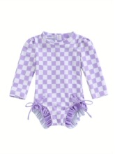 X 38721 Children's Plaid Print Lace Trim Swimsuit ��ͯ����ӡ