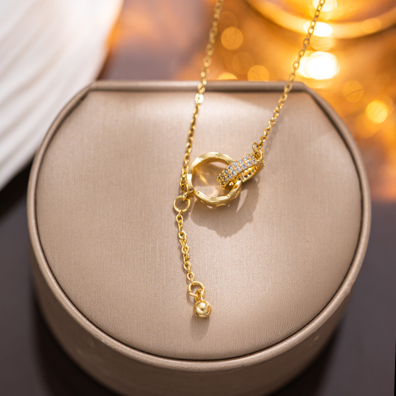 New live hot selling tassel double ring pendant titanium steel necklace female no fading niche simple design clavicle chain_voghion.com