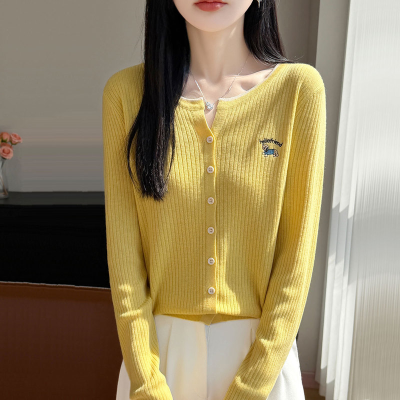 【Direct from Manufacturer】Round Neck Knitted Cardigan Jacket Women's Sweater Spring Thin Solid Color Embroidered Outerwear Trendy 【Direct from Manufacturer】Round Neck Knitted Cardigan Jacket Women's Sweater Spring Thin Solid Color Embroidered Outerwear Trendy