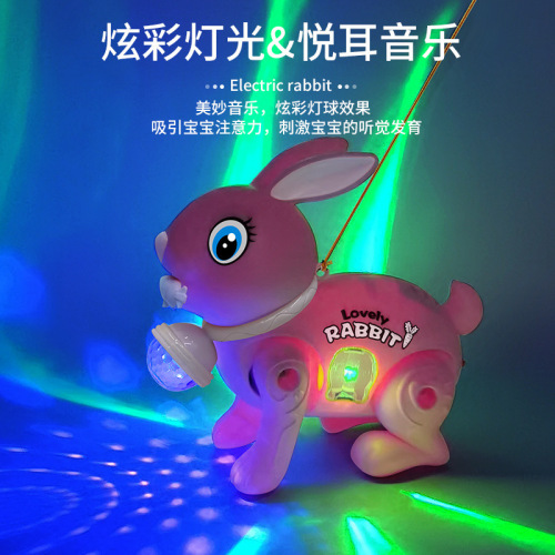 Electric Pull-String Rabbit with Light-Up Music and Projection, Carrot Jumping Rabbit, Stunt Toy for Pedestals