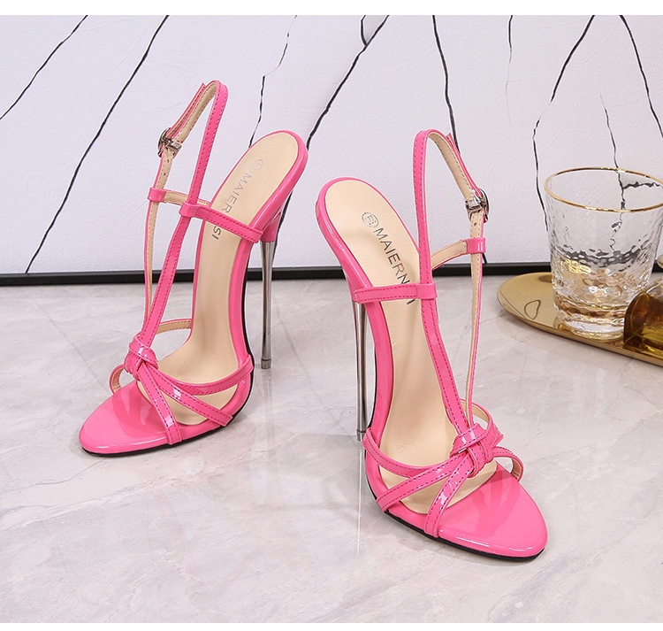 Dép sandal nữ quai ngang gót nhọn kim loại siêu cao, phong cách châu Âu và Mỹ — Màu đen, Màu đỏ, Đỏ đào chi tiết 27