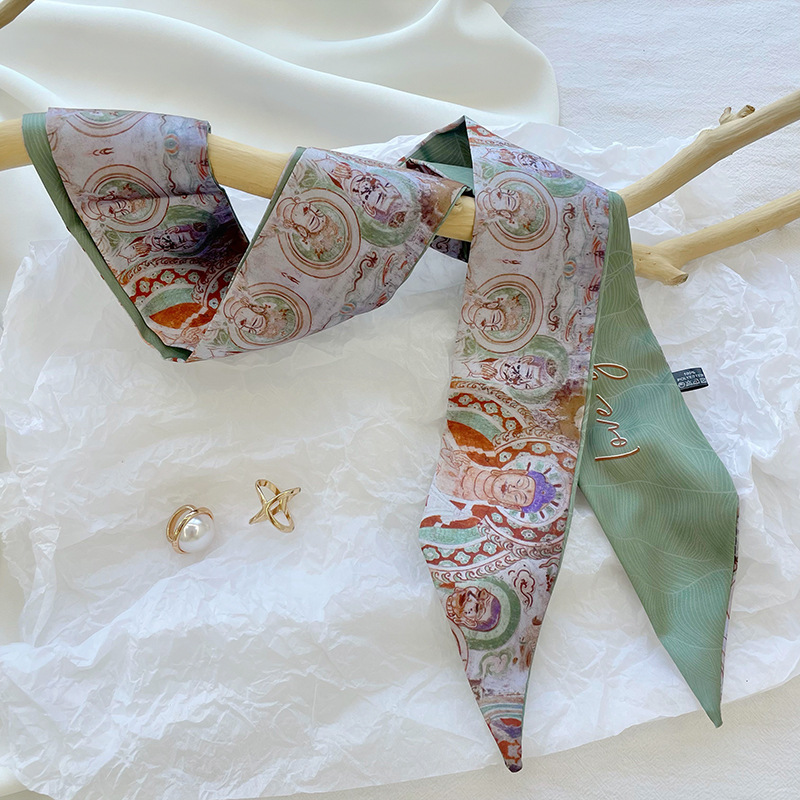 Nuevo estilo chino pintura al óleo pequeña bufanda de seda para las mujeres primavera y verano bolsa de lazo corbata decoración del pelo larga bufanda pequeña cinta de la banda del pelo