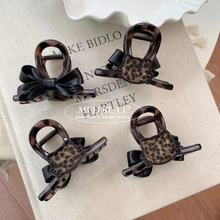 韩国猫咪豹纹醋酸抓夹设计感立体皮质蝴蝶结鲨鱼夹盘发发夹发饰女