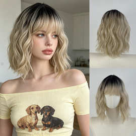 跨境热销wigs for women哑光丝玫瑰网短款水波纹波波头全头套现货