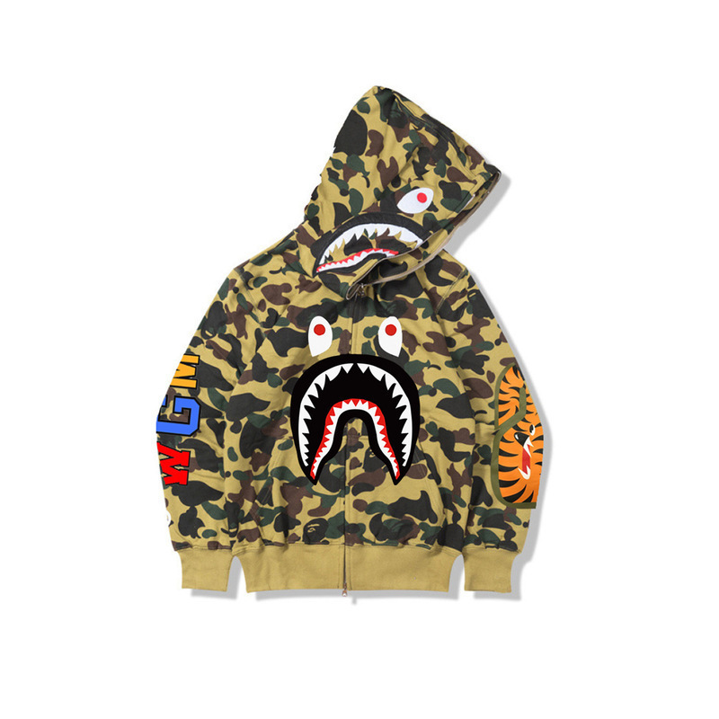 2025 [健康布] 3D デジタル印刷 Bape ブランド シャークヘッド スウェットシャツ メンズ カップル ジッパー カーディガン ベルト付き|undefined