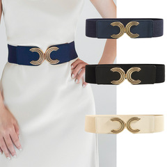 Cross-border elastic adjustable wide belt for women, retro pattern with buckle decoration, fashion and versatile dress accessory.