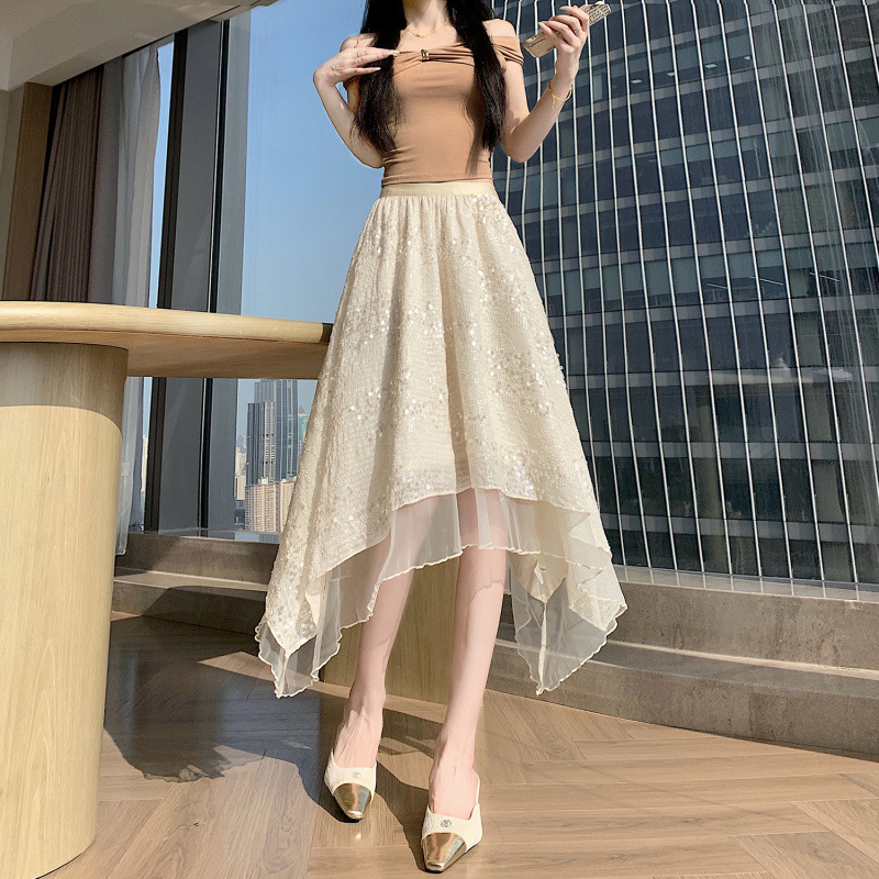 Sequined Irregular Skirt 2026 Summer New Korean Style Spliced Mesh Slimming and Elegant Long Skirt