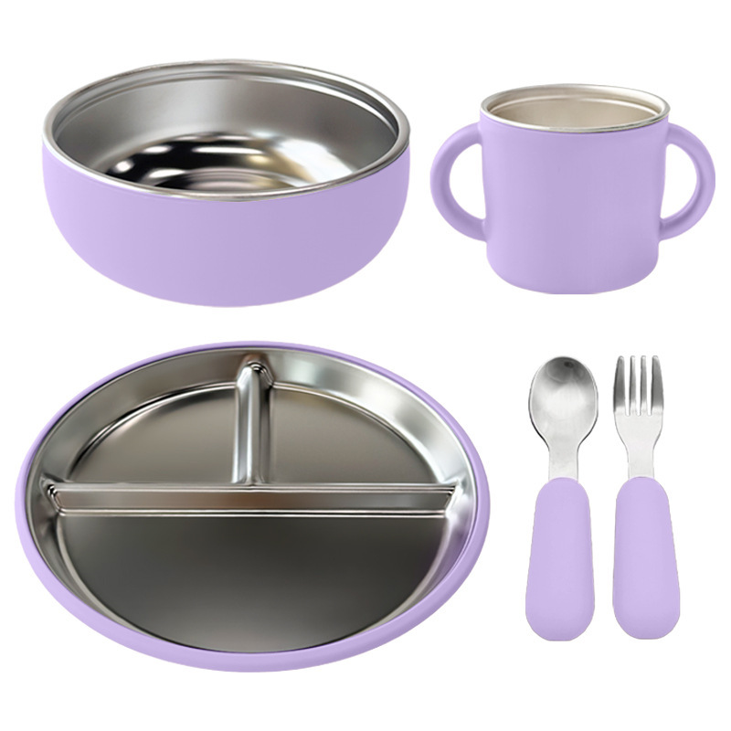 子供用ステンレス鋼シリコン食器フードボウルベビー食器セット取り外し可能なベビーシリコンディナープレート両耳カップ|undefined