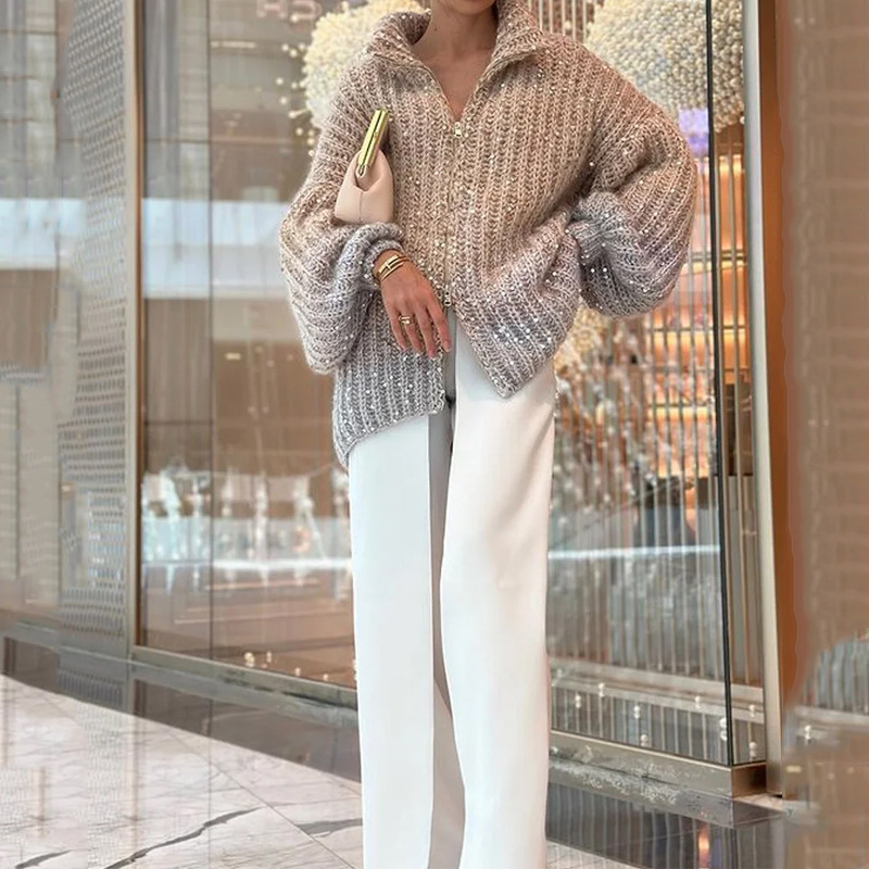 Women's Clothing Advanced Temperament Small Fragrance Comfortable Sequin V-Neck Sweater_voghion.com