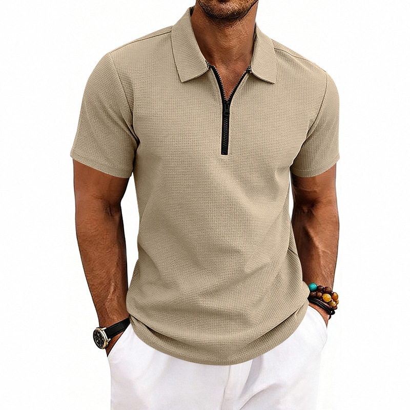 Herren-Sommerhemd im amerikanischen Stil, schlichtes Kurzarmhemd mit Golfkragen und Waffelstrick, modisches Oberteil_voghion.com