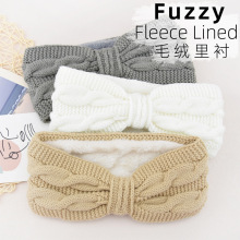 欧美双麻花加绒蝴蝶结发带针织头带毛线护耳头套保暖加里衬发饰