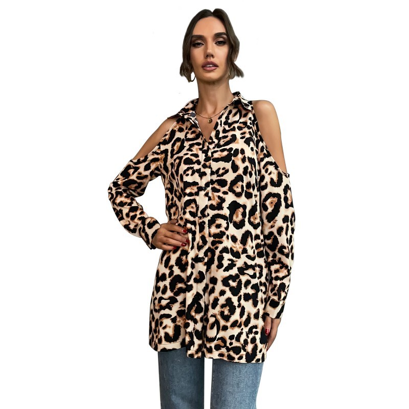 Leopard Print Lapel Long-sleeved Off-shoulder Shirt_voghion.com
