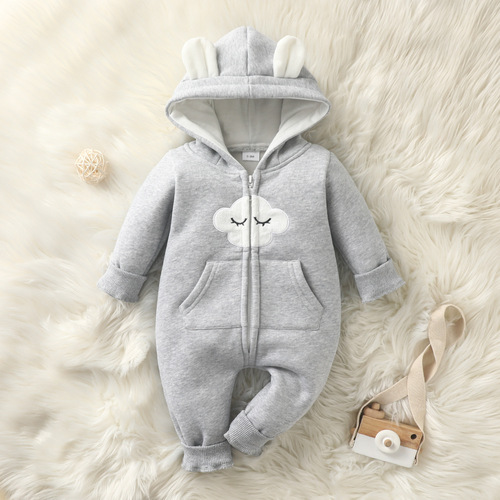Infants and children cloud embroidery clothes love print fluffy ears hooded zipper hooded sweater one-piece clothes