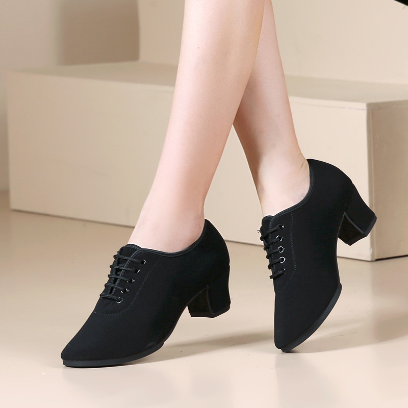 Zapatos de baile latinos profesionales, zapatos de baile de tacón medio de tela Oxford para adultos femeninos, fondo suave, práctica de baile moderno, baile social, zapatos de mujer