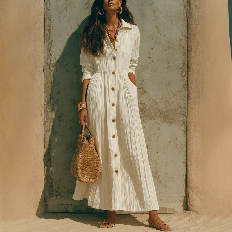 2026 European and American Autumn New High-End White Dress, Long, Waist-Cinched, Loose, Plus-Size Women's Clothing, Cross-Border Bestseller