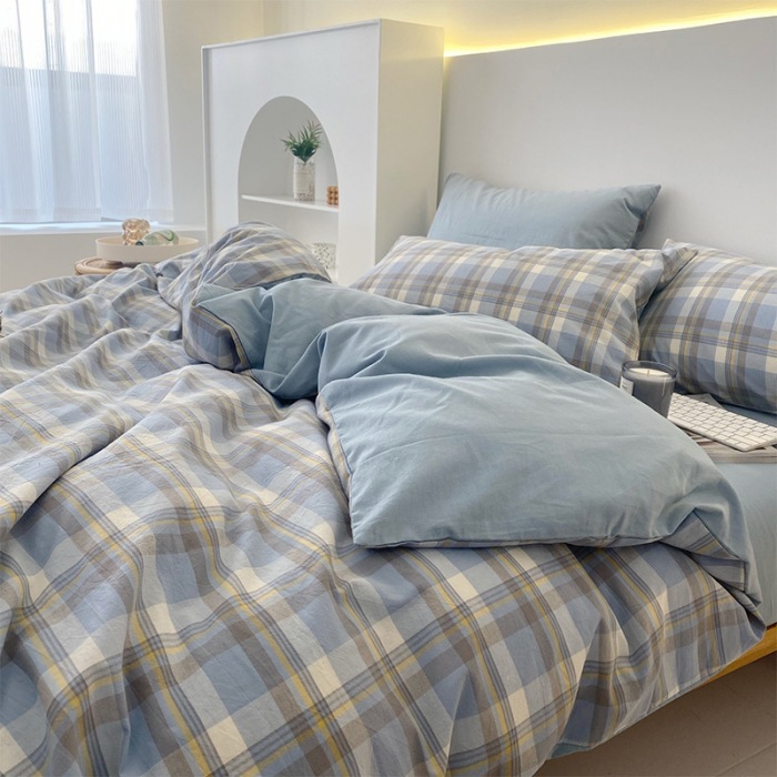 Copripiumino in cotone lavato, pezzo unico, 200 fili, 100% cotone, 150x200 cm, lenzuolo singolo per studenti, fantasia a quadri_voghion.com