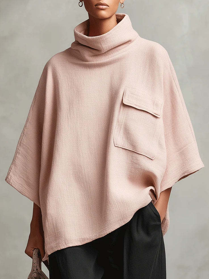 2025 European and American Women's Pullover Irregular Top Loose Slimming Solid Color Pocket High Neck Three-Quarter Sleeve Knit Sweater