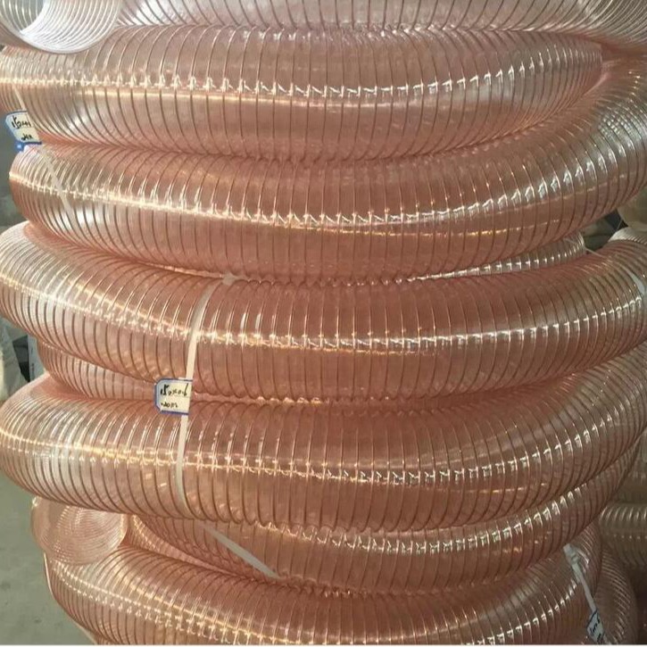 PU钢丝吸尘管道 镀铜塑料透明螺旋波纹伸缩塑胶木工吸尘弹簧软管