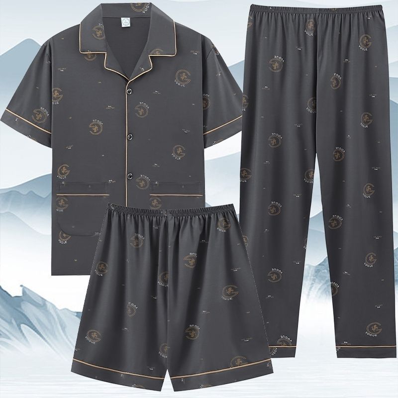 Pajamas de algodón para hombres de verano de mangas cortas pantalones largos de tres piezas para aumentar el peso para hombres de tamaño delgado conjunto de ropa de verano