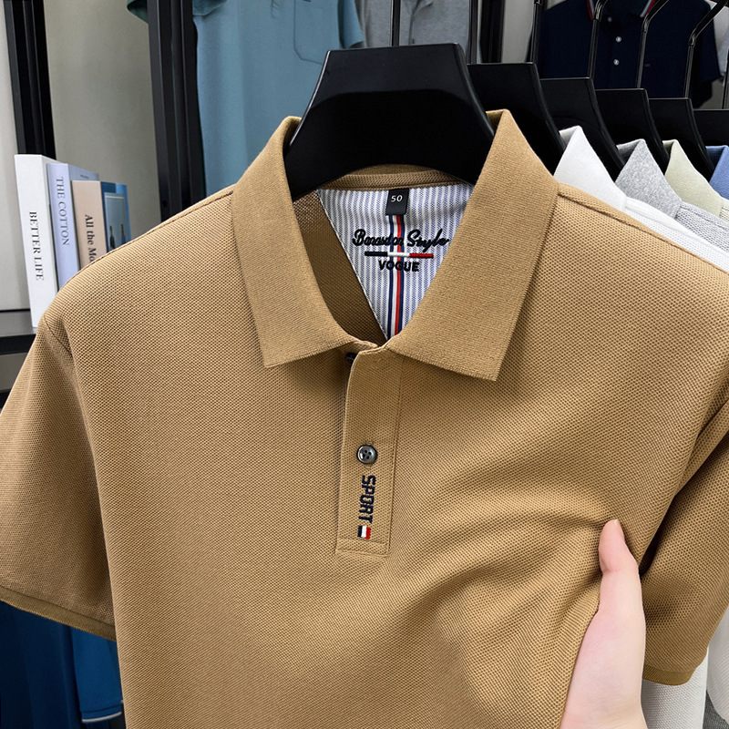 純綿メンズ Tシャツ夏の新しいハイエンド刺繍ラペルファッション薄型吸汗通気性半袖メンズ Tシャツ|undefined