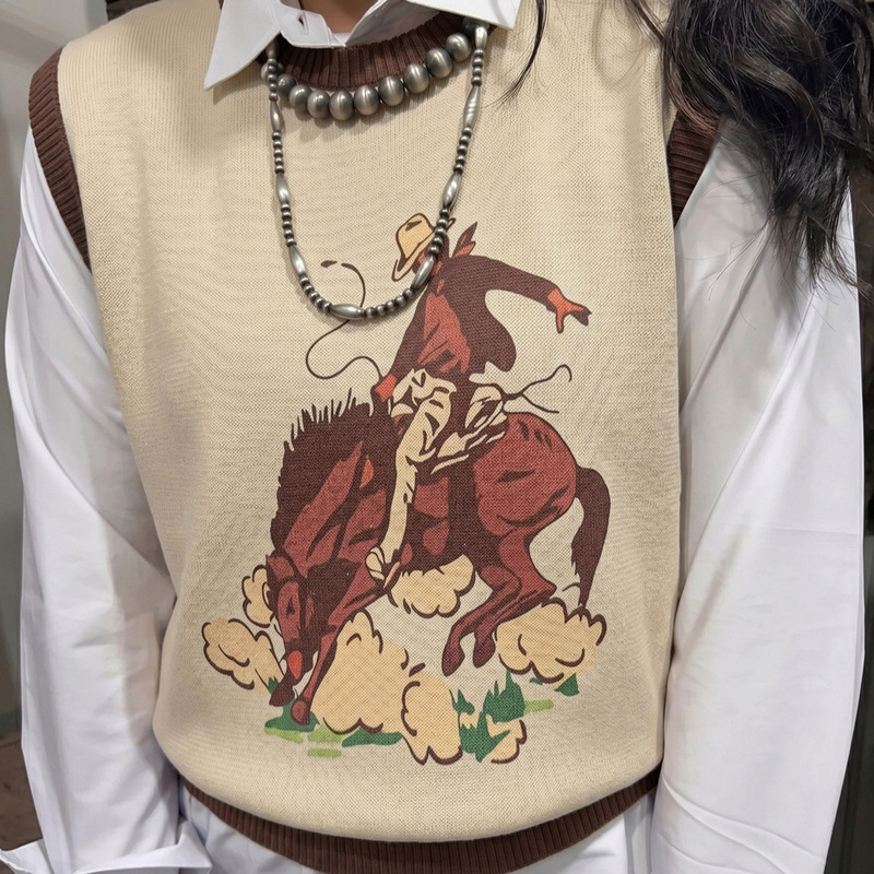 Trendy Women's Vest with Western Pattern, Vintage European and American Style, Pullover Knit Sleeveless Top Trendy Women's Vest with Western Pattern, Vintage European and American Style, Pullover Knit Sleeveless Top