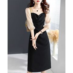 轻奢女神范气质修身显瘦连衣裙2025新款减龄黑杏拼接七分袖中长裙
