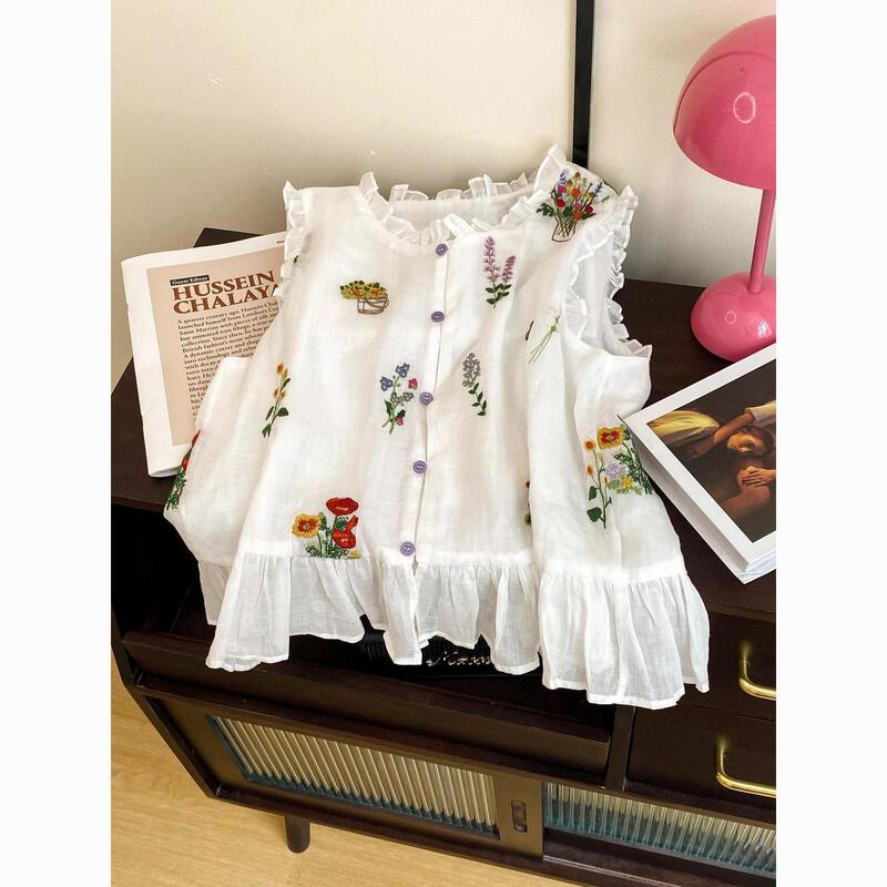 French-Style Vintage Printed Sleeveless Shirt for Women, Summer 2026, High-End Niche Design with Ruffled Trim, Short Top