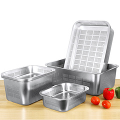 ステンレスの穴をあけた方盆の長方形の漏れ皿に穴があります。