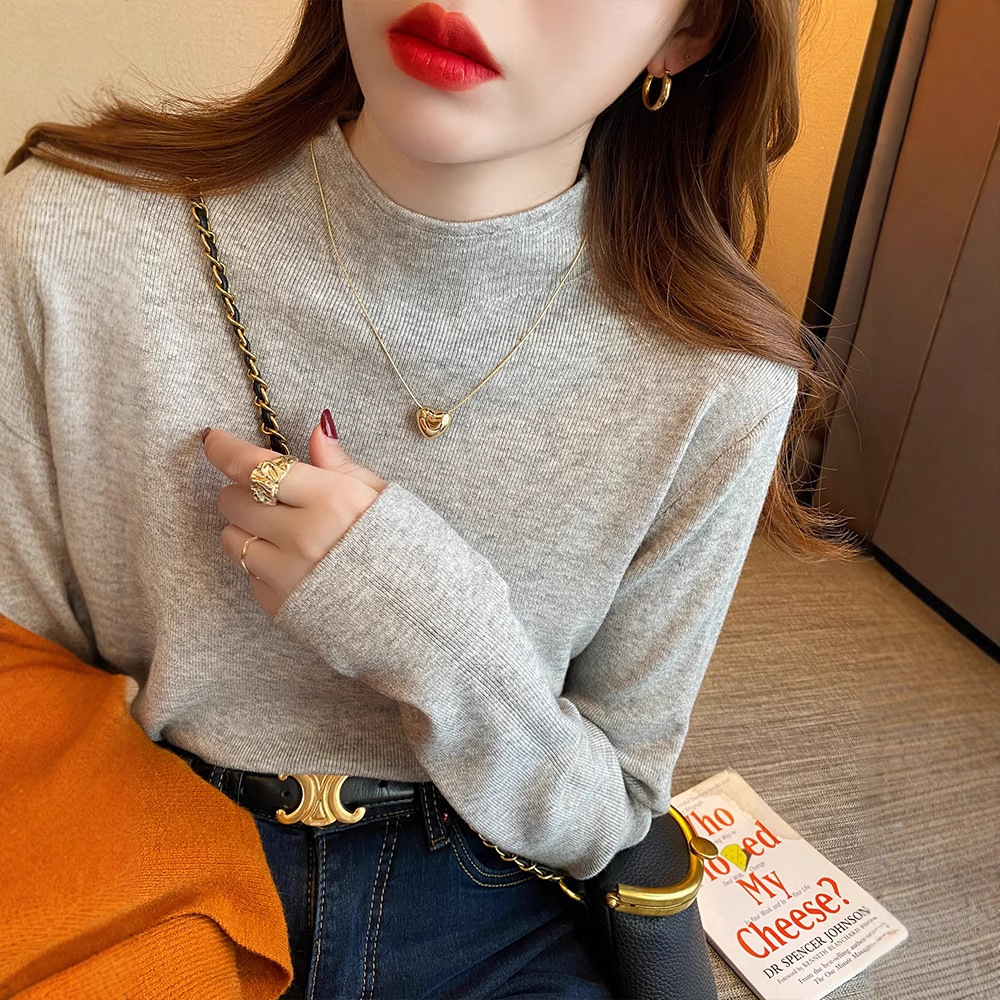 가을과 겨울을위한 두꺼운 고급 반 높이 목베이스 셔츠 기질 내부 울 긴팔 스웨터 슬림 핏 스웨터