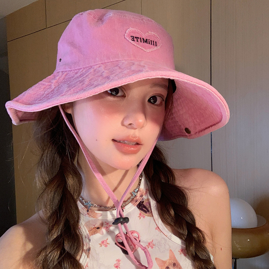 New Japanese Pink Love Mountain Hat for Women Spring and Summer New Outdoor Hiking Sunscreen Hat Fisherman's Hat Basin Hat_voghion.com