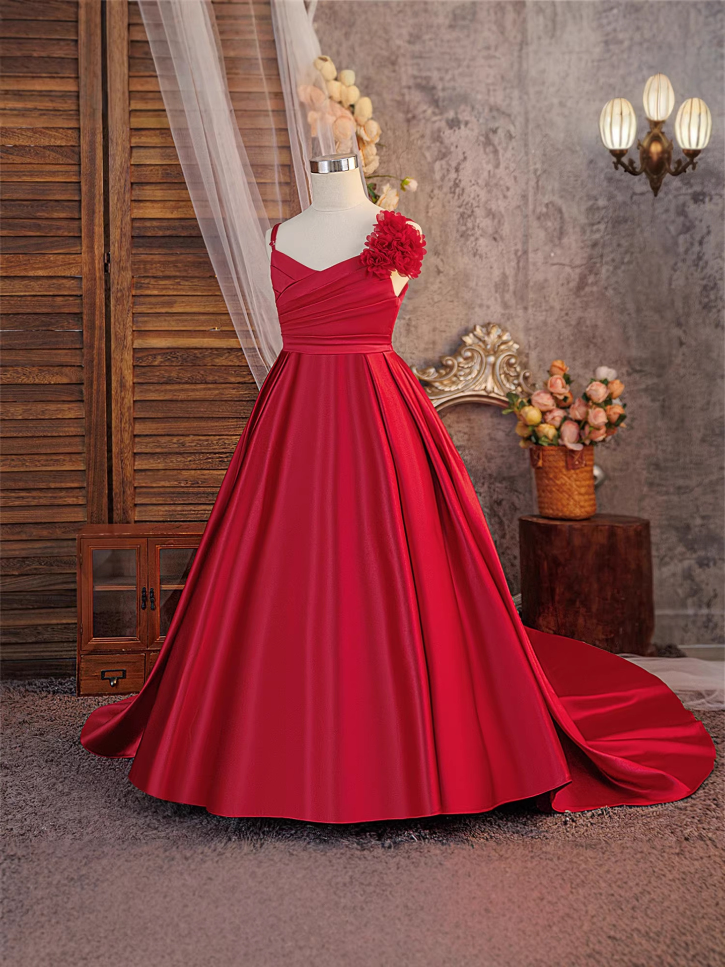 Vestido infantil vestido de cola vestido vestido de flor satin vestido de princesa vestido de novia vestido de niña