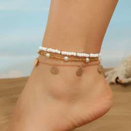 欧美跨境波西米亚休闲风米珠脚链女 夏季金属圆片脚饰3件套脚链