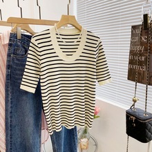 2023夏季显瘦鹅蛋领冰丝短袖针织衫U型领弹性大条纹上衣2318