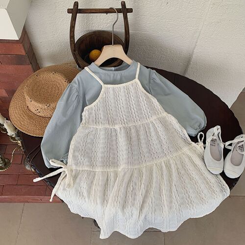 Cotton Domi Girl 2024 Spring Summer Korean Children's Clothing Solid Color Blouse Lace Tank Top Dress Fashion Long Dress Set