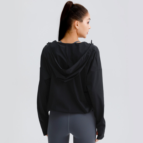 Sun protection clothing zipper hooded sports quick-drying jacket fitness yoga clothing women's casual loose version running jacket fitness