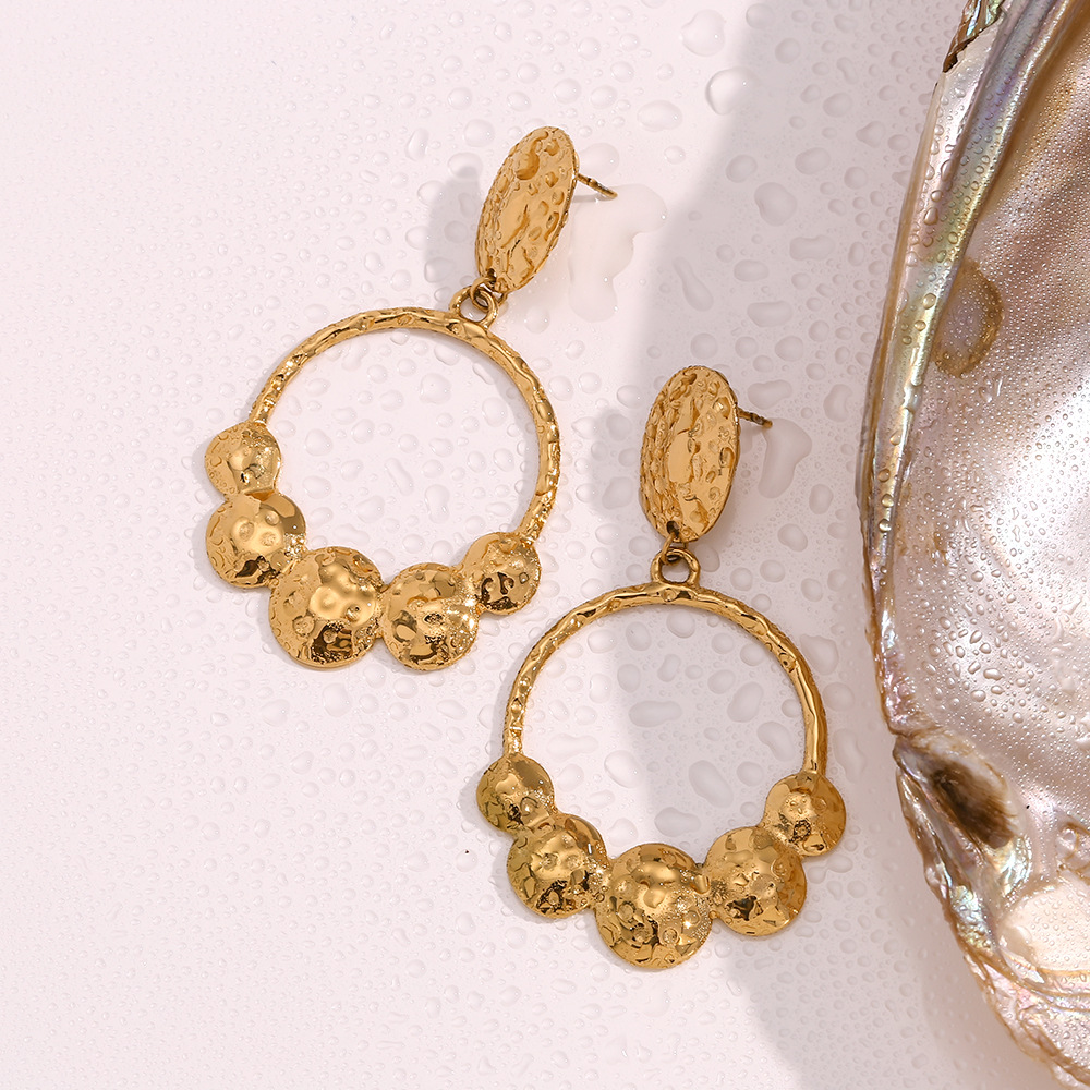 Hammer Grain Round Stainless Steel Pendant Earrings