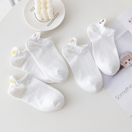 Women's Summer Short Socks, Thin Low-top Slipper Socks with Ear Design, Japanese Style Cotton Socks with Embroidery, Wholesale