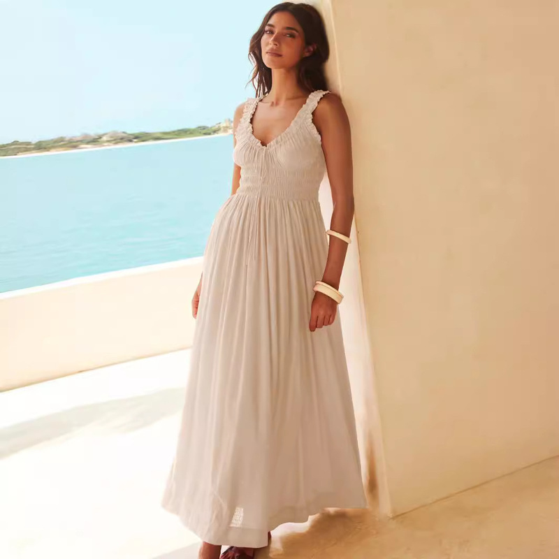 Amazon Cross-Border Women's New Seaside Casual Suspender Skirt European and American Skirt High-End French Holiday Dress