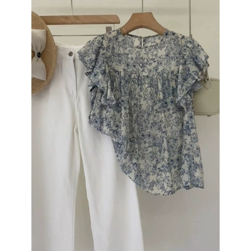 Шифоновая рубашка с цветочным принтом и рюшами на рукавах, солнцезащитная одежда, прозрачная верхняя одежда, шикарный маленький ароматный топ в гонконгском стиле в стиле ретро для женщин, лето