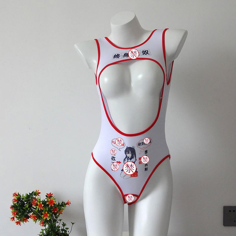 Lencería sexy texto sucio corte abierto sin espalda entrepierna abierta mono alto elástico hueco-fuera agua muerta ropa de extremo abierto-libre