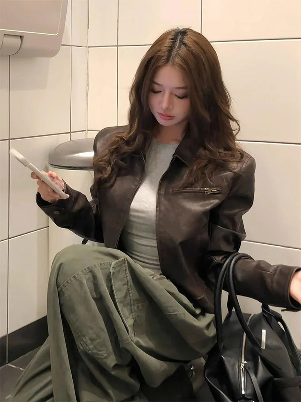 复古美式酷飒风咖色翻领皮衣外套女秋季小众短款PU皮机车夹克上衣|undefined