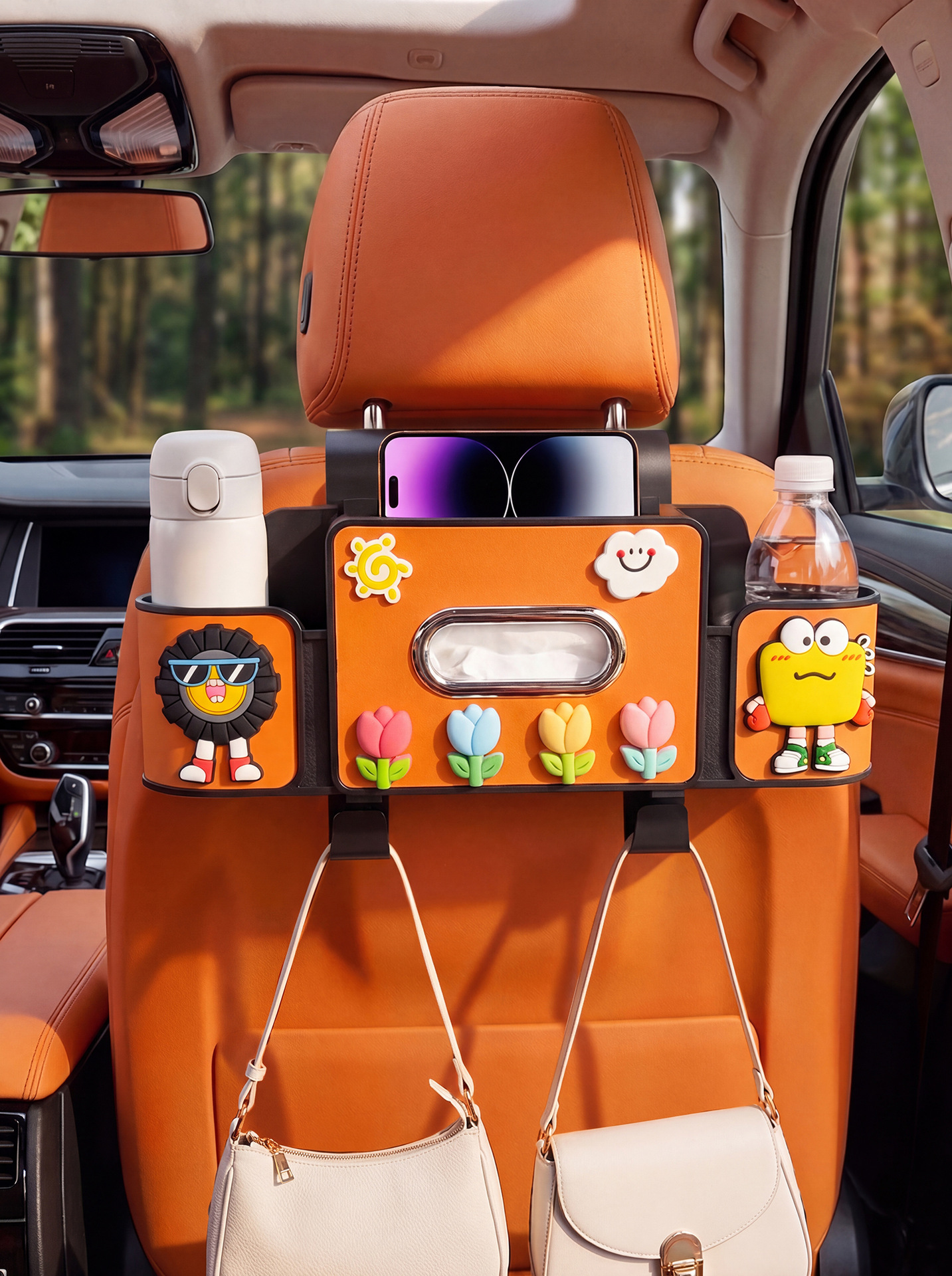 Car seat tissue box, rear storage box, in-car hook organizer, car seat back multifunctional cup holder, cartoon design