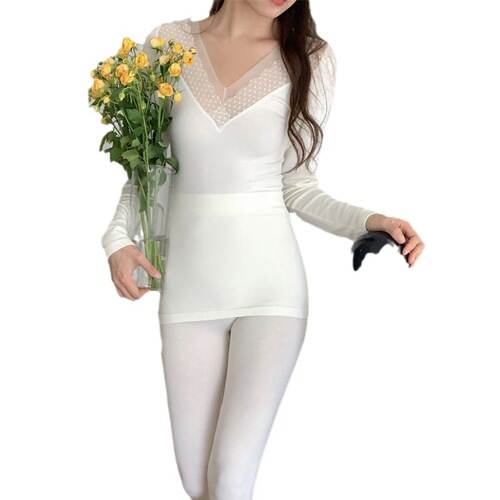 Women's Autumn Clothing Suit Autumn Pants Body Bottoming Sexy Thin Lace Bottoming Shirt Autumn and Winter Warm V-neck Slim Fit