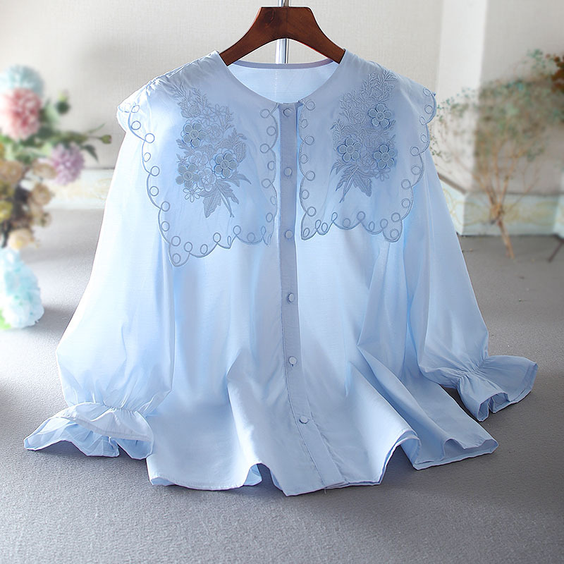 Summer small fresh navy collar embroidery design sense chiffon loose all-match sweet temperament shirt women's top agent