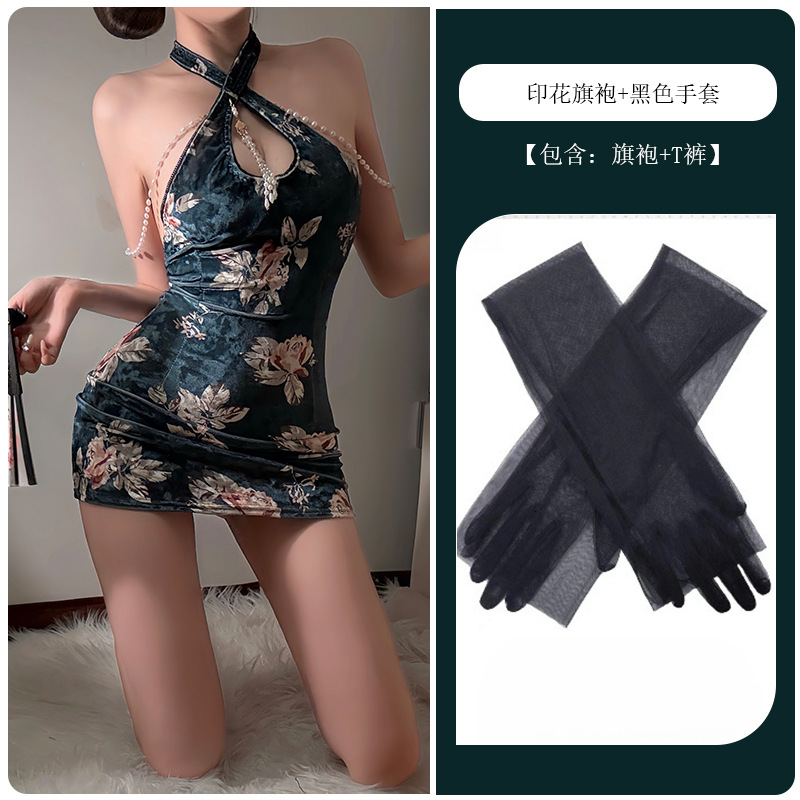 짙은 녹색 프린트 치파오 + 검은 장갑