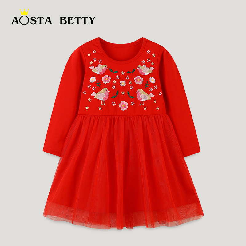 Autumn new girls dress cute embroidered pattern children's clothing European and American wind mesh princess skirt a generation of hair
