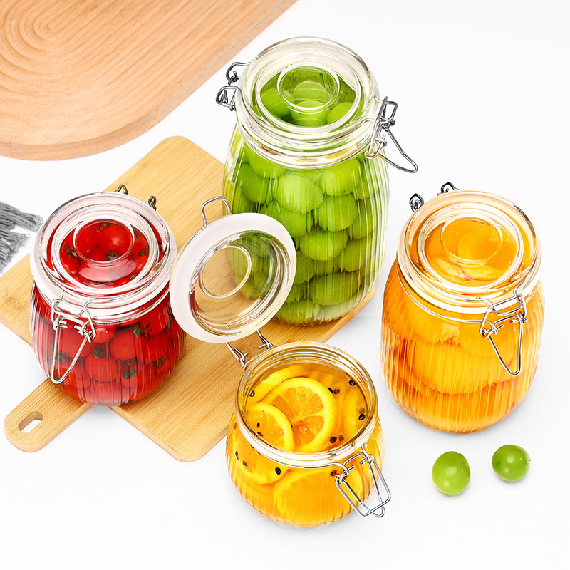 Botón de vidrio vertical suministrado botón de almacenamiento de vidrio nuevo sello bayonet encurtido casero espuma de frutas